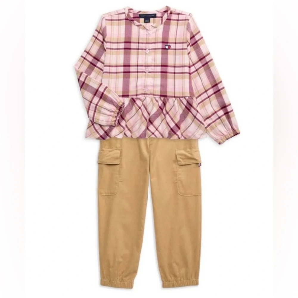 NWT Tommy Hilfiger Girls 2 Piece Set Pink Plaid Top Corduroy Khaki Pants 2T